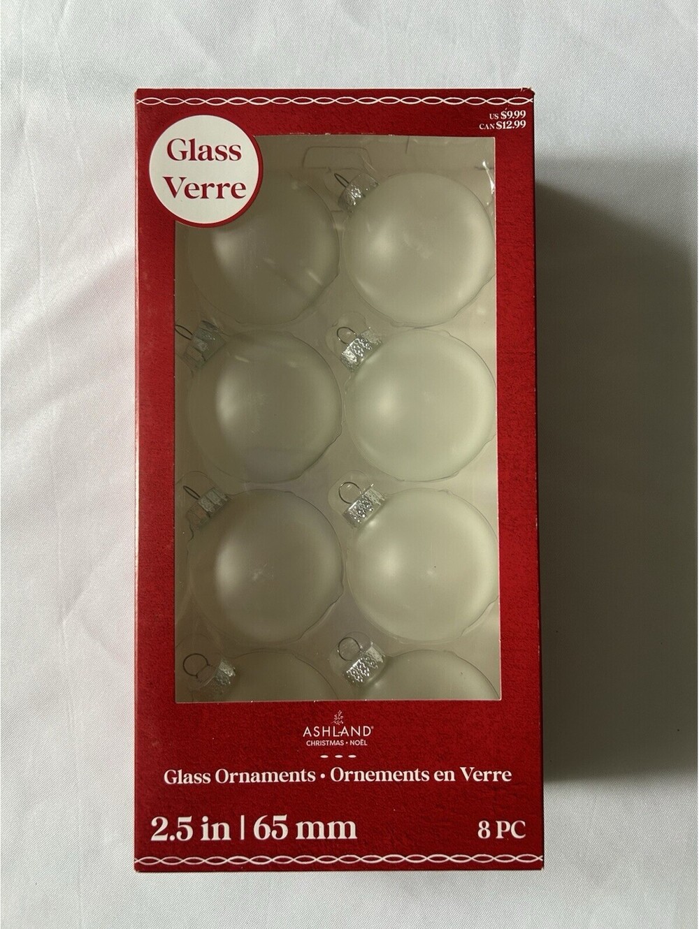 New Box Of 8 Ashland Clear Frosted Glass Christmas Ornaments Decorations Crafts